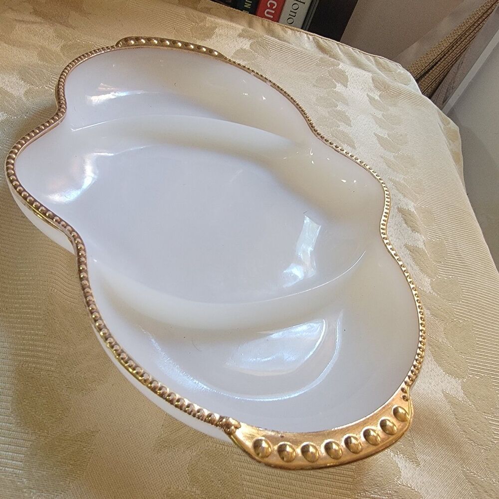 Vintage AH Fire-King White Glass 11" 3-Part Divided Relish Dish with Gold Trim